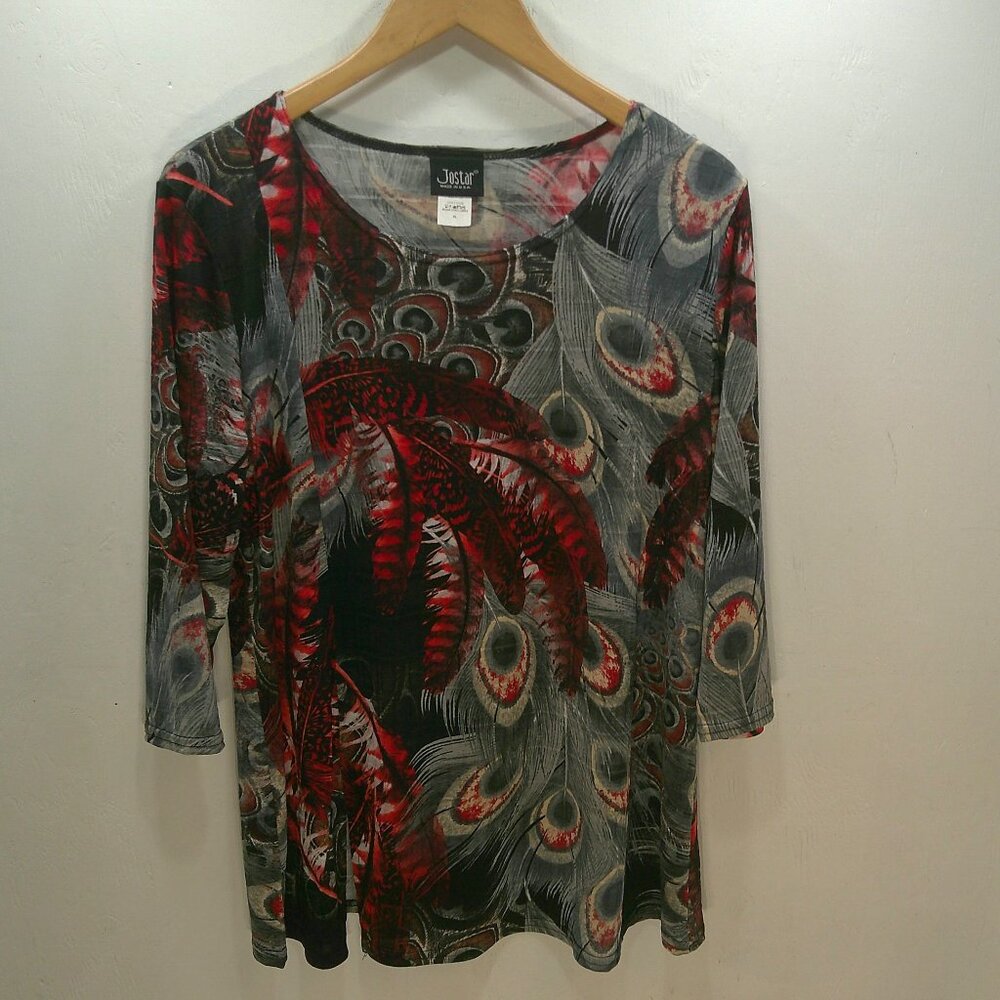 Jostar USA Red Peacock Feather Gray Stretchy Comfort Relaxed Fit Tunic Size XL